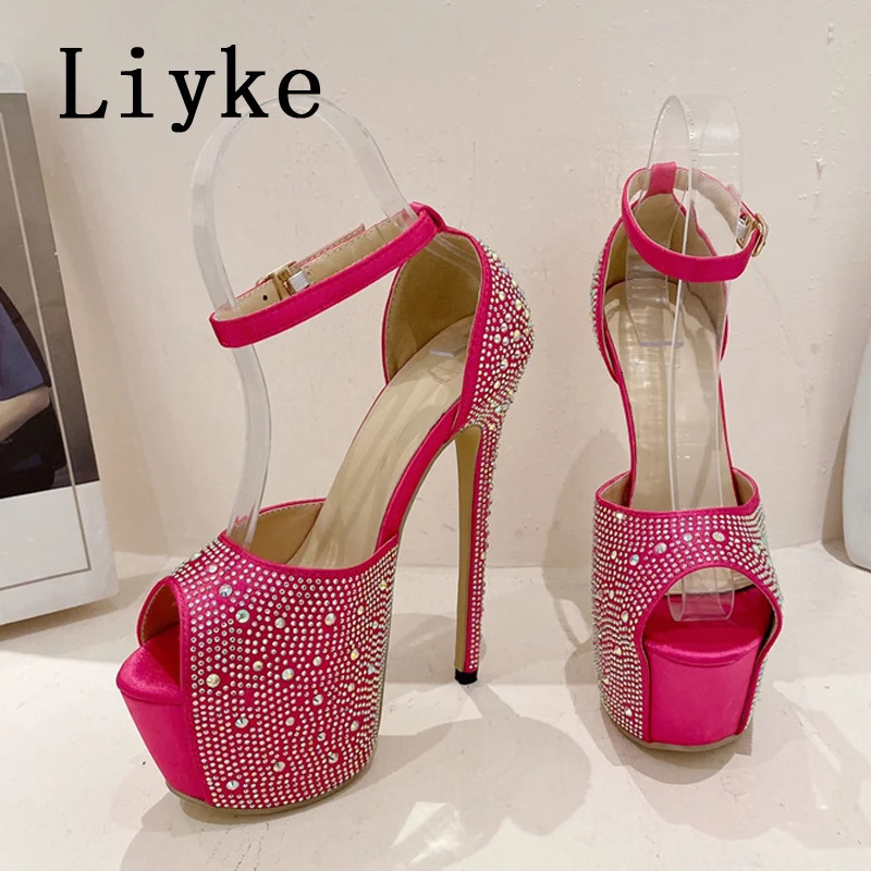 Sandals Liyke Elegant Women Party Wedding Prom Shoes Sexy Peep Toe Crystal Rhinestone Silk Extreme High Heels Platform Sandals Female 231204