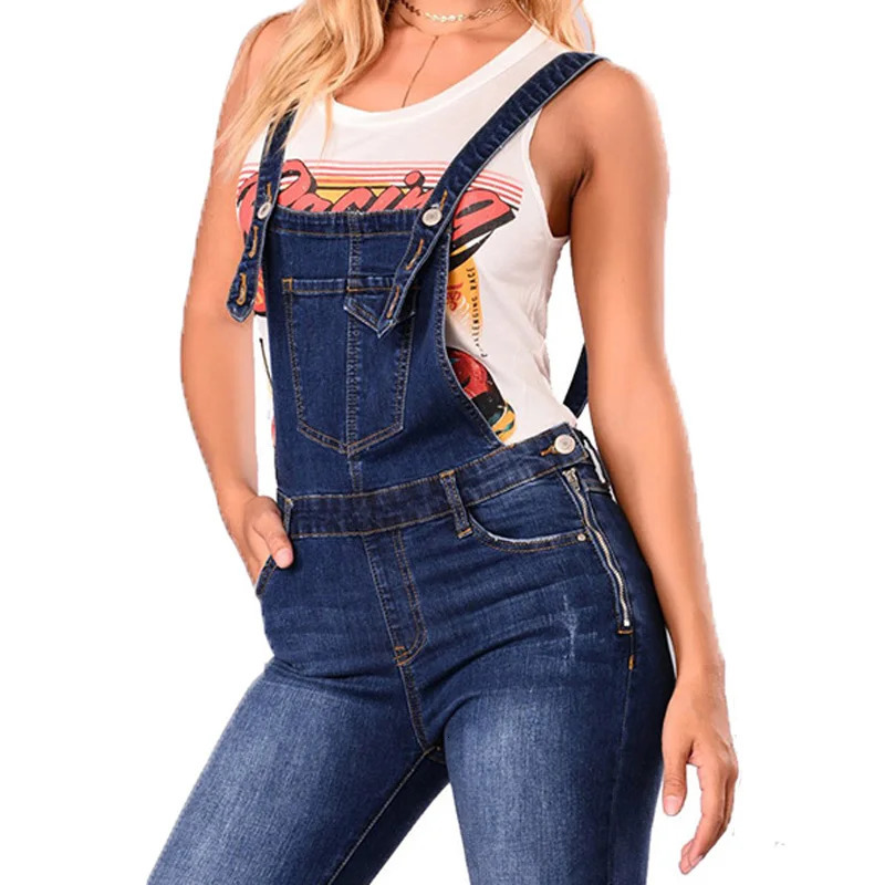 Women's Jumpsuits Rompers Women Strap Denim Jumpsuit Ladies Silm Fit Jeans Rompers Vintage Casual Female Ripped Pocket Suspenders Overall Playsui