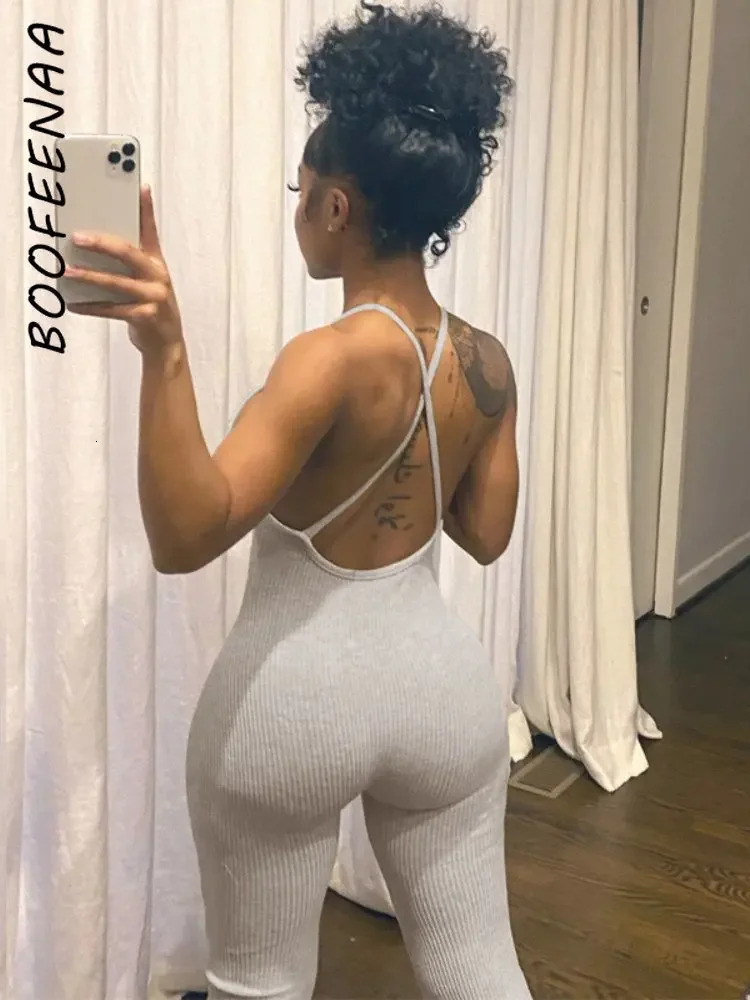Women's Jumpsuits Rompers BOOFEENAA Comfy Grey Ribbed Knit Jumpsuit Women Fall Sexy Deep V Neck Backless Bodycon Romper C87-CZ20 231202