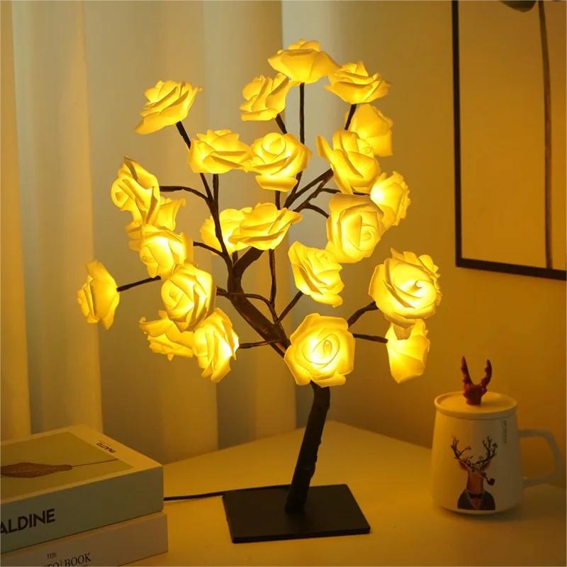 24 LED Rose Tree Lights USB Plug Table Lamp Fairy Flower Night Light For Home Party Christmas Wedding Bedroom Decoration Gift D3.0