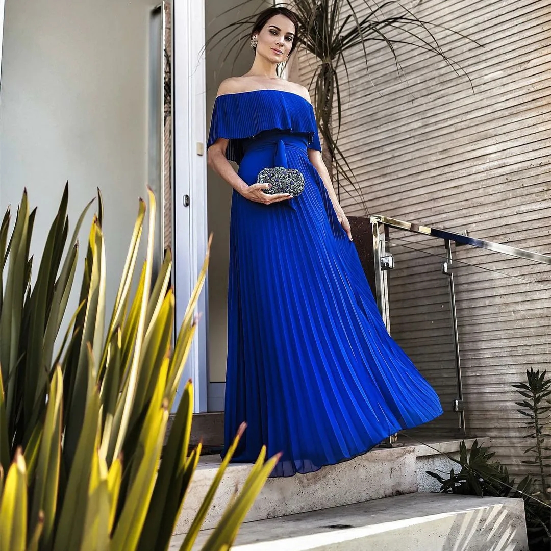 New Royal Blue Women Evening Dess A-line Off Shoulder Long Ruffled Chiffon Prom Party Gowns Vestidos Longo Robe De Soiree