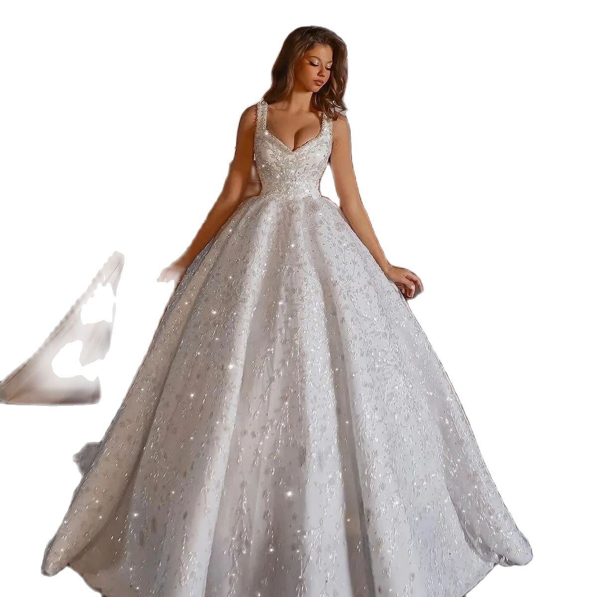 Sparkly Princess Wedding Dresses 2024 V Neck Spaghetti Straps Beads Wedding Gowns Luxury Appliques Brides Dresses Party Robes De Mariage