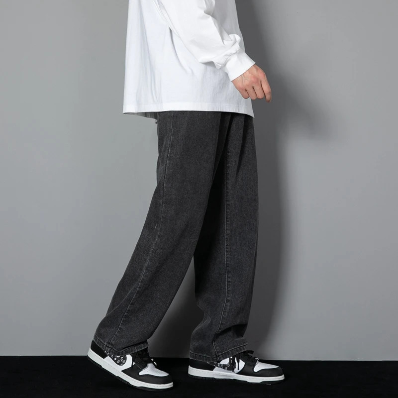 Mens Jeans Korean mens casual long jeans classic straight denim wide leg pants solid color light blue gray black 3XL 231202