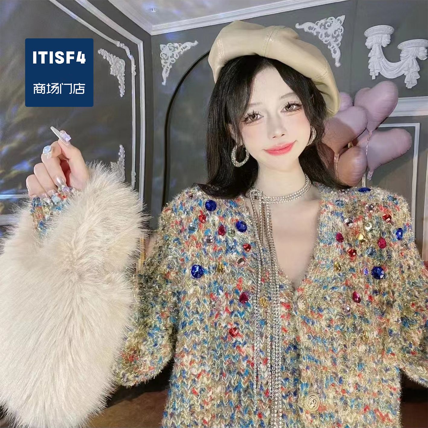 New design womens v-neck gem rhinestone lurux shinny colorful sweater coat SMLXLXXL3XL