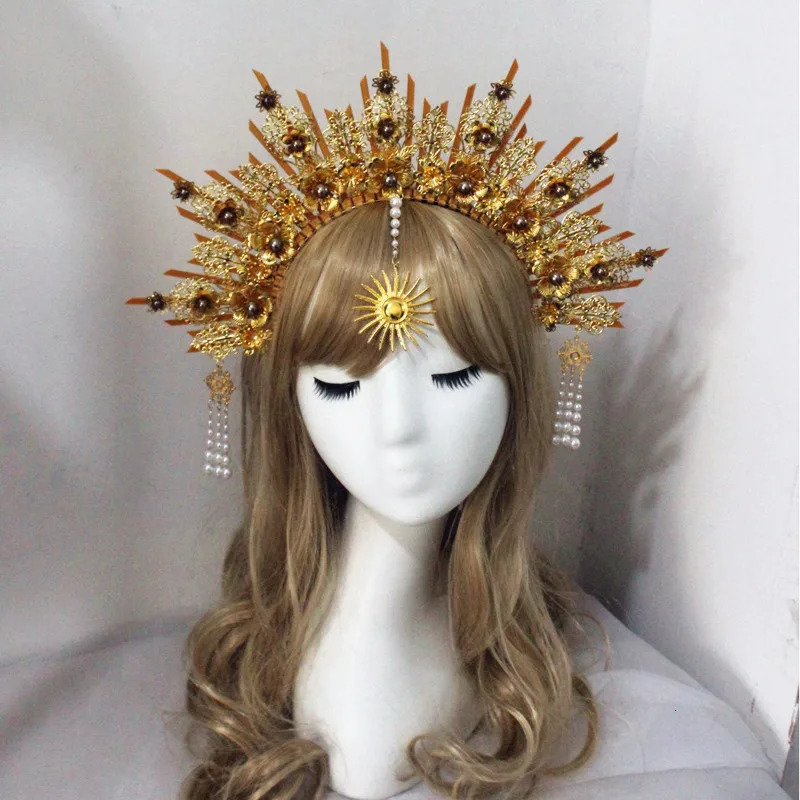 Headbands Gold Halo Headband Sun Godmother's Crown Tiaras Headpiece Virgin Mary Gothic Headwear Fairy Goddess Hair Accessories 231204