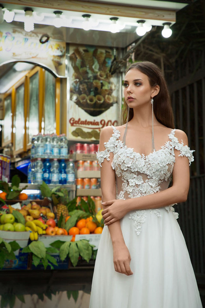 Mordern Off-Shoulder Wedding Dresses For Women 2023 Bride Hollow Covered Button Charming 3D-Floral Appliques Chiffon A-Line