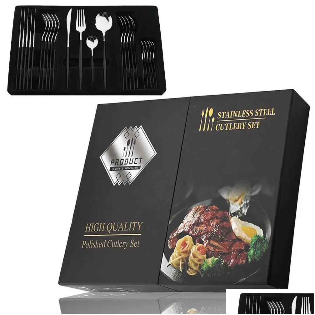 Cookware Sets 24Pcs Black Handle Golden Cutlery Set Stainless Steel Knife Fork Spoon Tableware Flatware Festival Kitchen Dinnerware Gi Dhowy