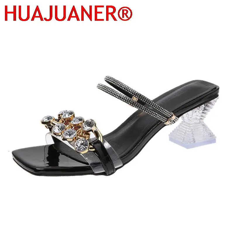 Sandals Fashion Diamond High Heels Sandals Women Summer Shoes Elegant Woman Party Shoes Clear Rhinestone Square Heel Slippers 6cm 231204