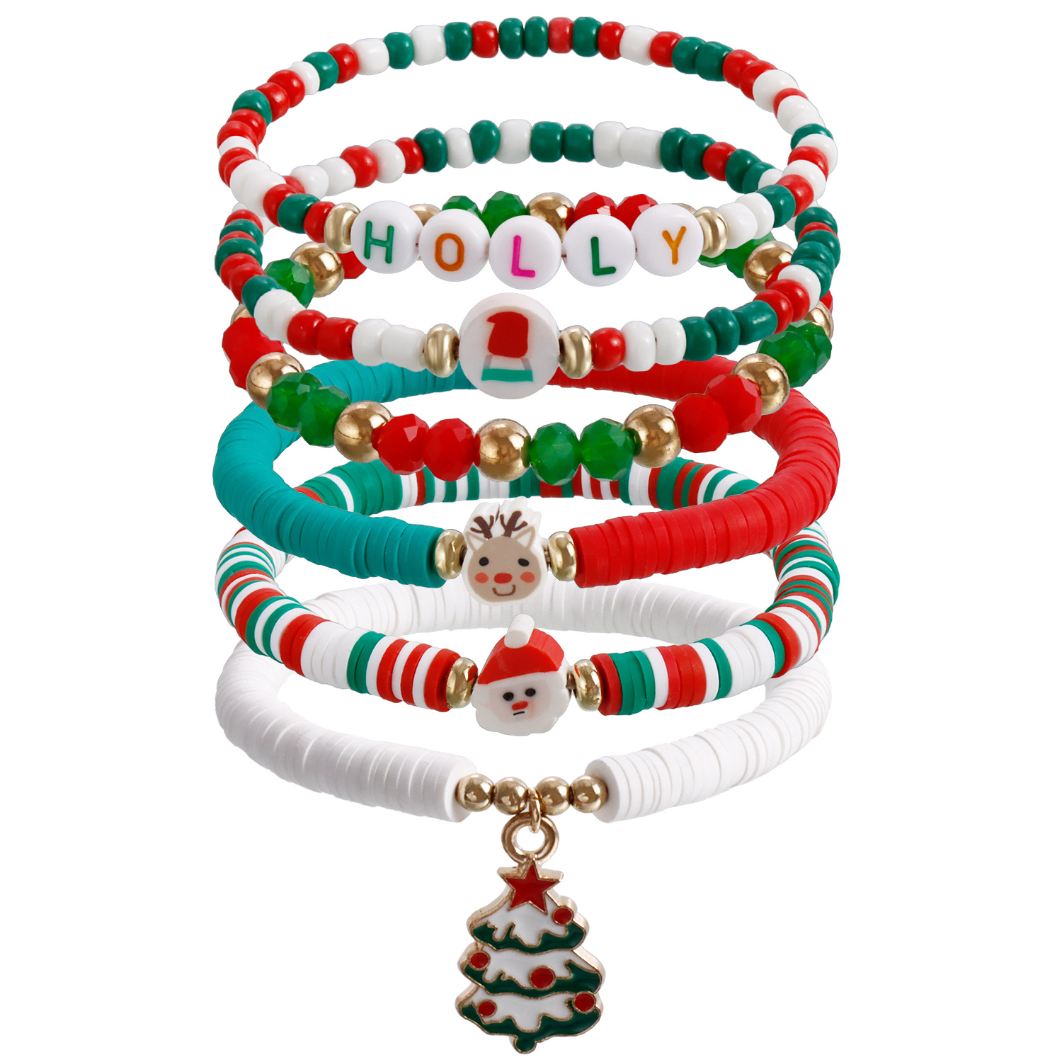 Christmas Bracelets Set Stackable Heishi Surfer Beaded Letter Santa Claus Tree Xmas Bracelet Handmade Women's Clay Stretch Holiday Jewelry for Wo