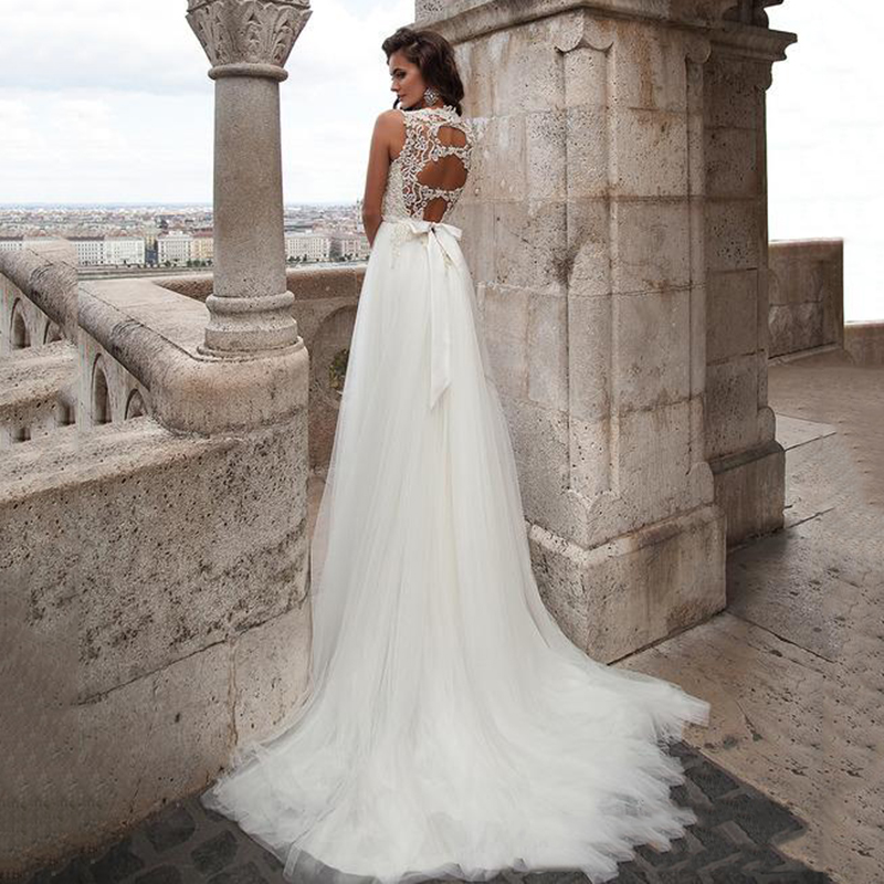 Jewel Classic Tulle Wedding Dresses 2023 Bride Backless Sweep Train A-Line Lace Bow Applique Fairytale Sleeveless