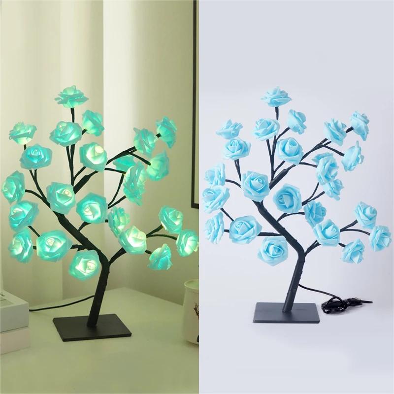 24 LED Rose Tree Lights USB Plug Table Lamp Fairy Flower Night Light For Home Party Christmas Wedding Bedroom Decoration Gift D3.0