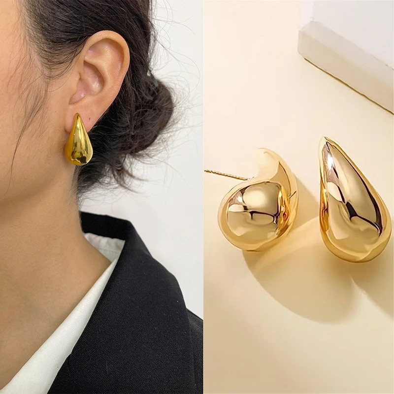 Charm Punk Metal Gold Color Chunky Dome Drop Teardrop Cshaped Stud Earrings for Women Simple Lightweight Hoops Trend Gift 231204