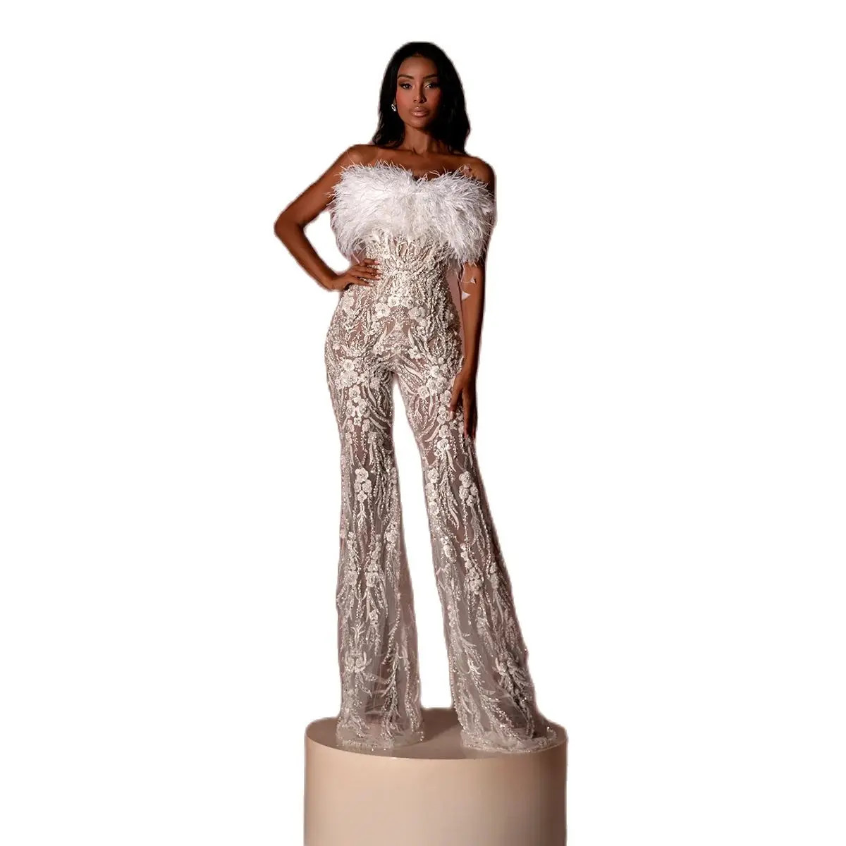 Fashion Feather Jumpsuit or Length Strapless Appliqued Custom Made Pants Suit Sequined Lace Wedding Dress