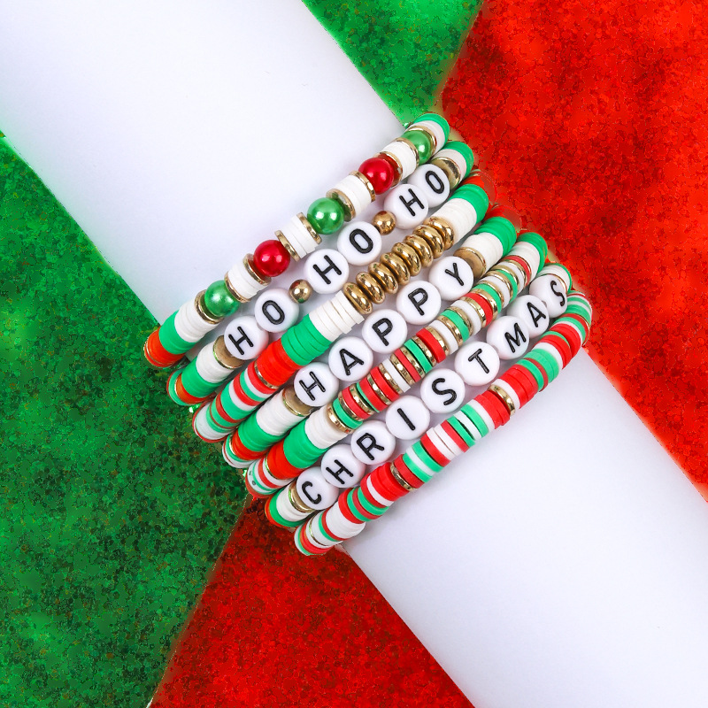 7pcs Christmas Beaded Bracelets Set Holiday Heishi Stretch Strands Red Green Polymer Clay Letter Stackable Friendship Charms Summer Surfer Beach Jewel