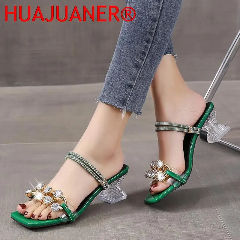 Sandals Fashion Diamond High Heels Sandals Women Summer Shoes Elegant Woman Party Shoes Clear Rhinestone Square Heel Slippers 6cm 231204