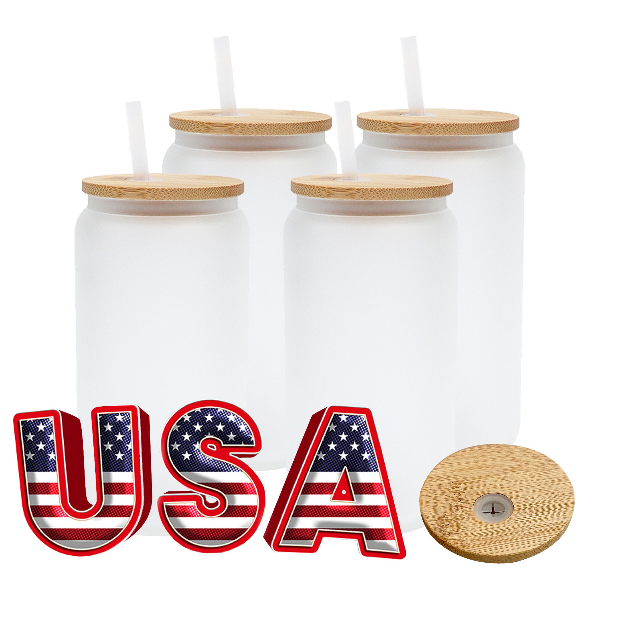 USA CA Local Warehouse Fast Shipping 16oz Sublimation Glass Cup Blank With Bamboo Lid Frosted Beer Jar Glass Tumbler Mason Jar Plastic Straw