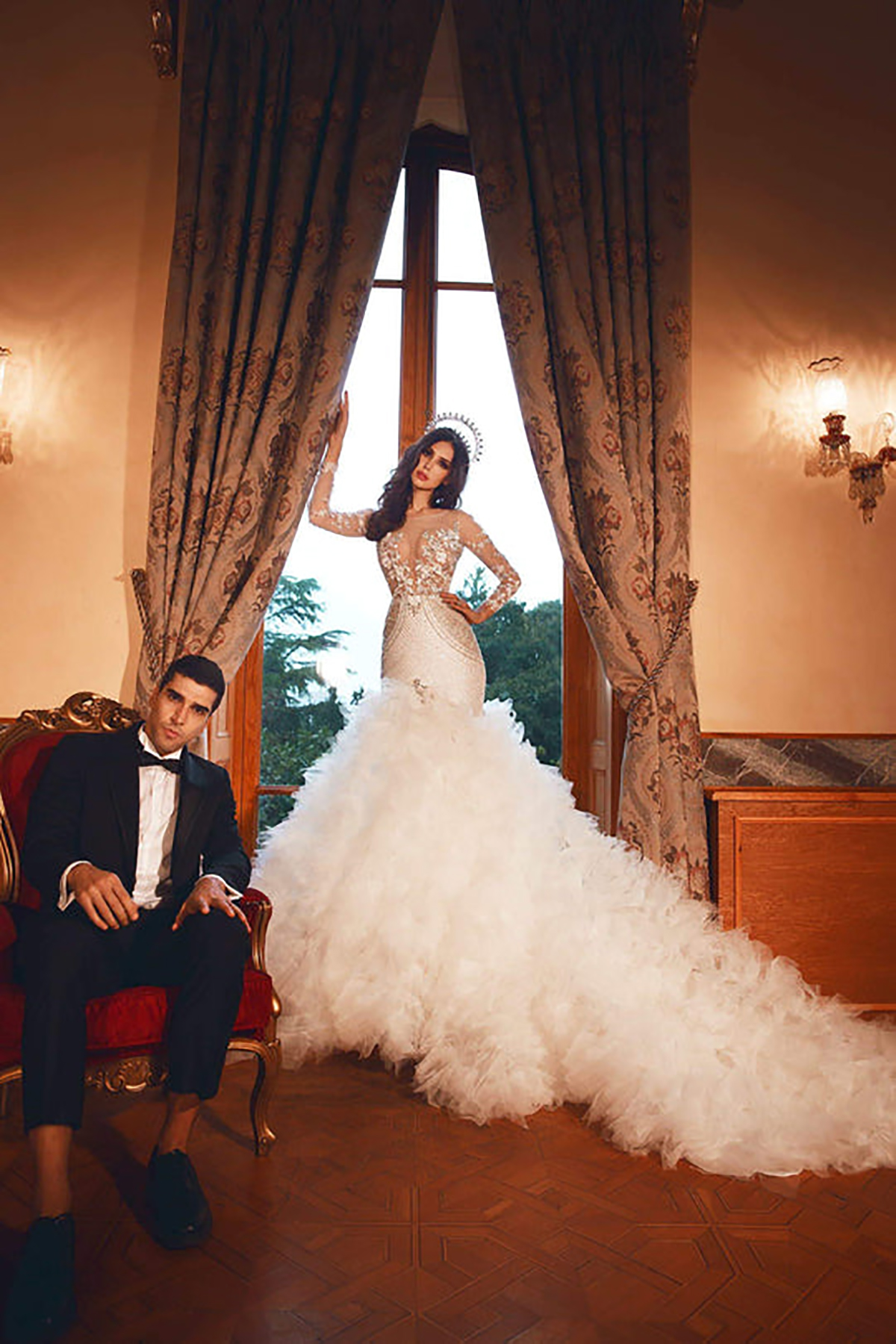 Elegant Arabic Mermaid Plus Size Wedding Dresses Court Train Long Sleeve Lace Bridal Dresses Beaded Crystal Wedding Gowns