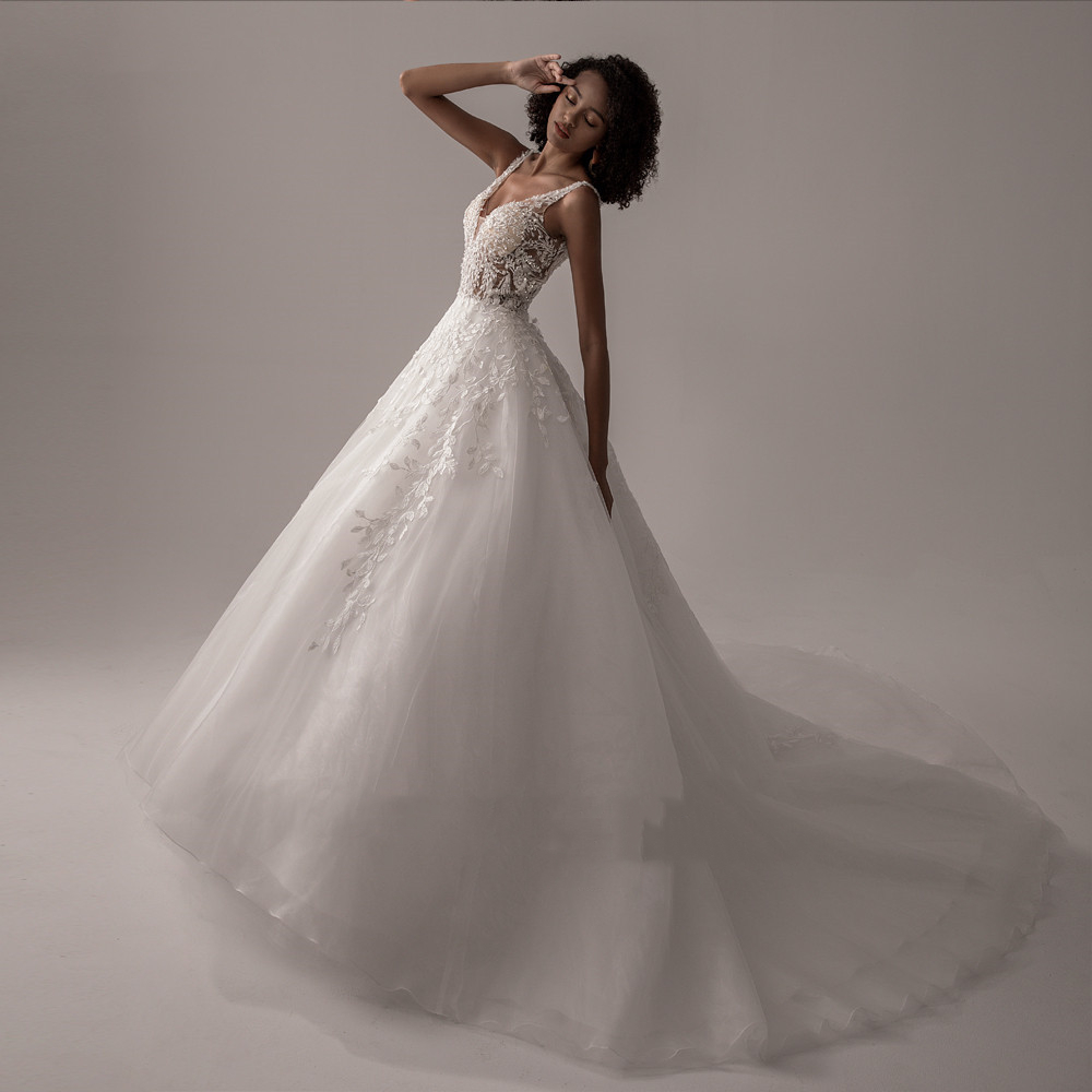 Romantic Ivory A Line Wedding Dresses Sleeveless V-Neck Backless Sexy Long Tulle Bridal Gowns Lace Appliqued Beaded Summer Boho Bride Dress 2024