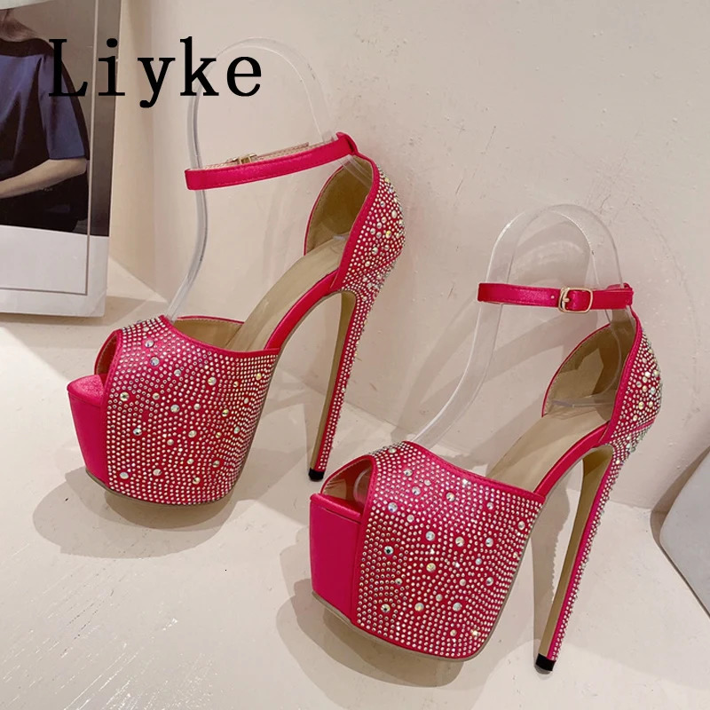Sandals Liyke Elegant Women Party Wedding Prom Shoes Sexy Peep Toe Crystal Rhinestone Silk Extreme High Heels Platform Sandals Female 231204