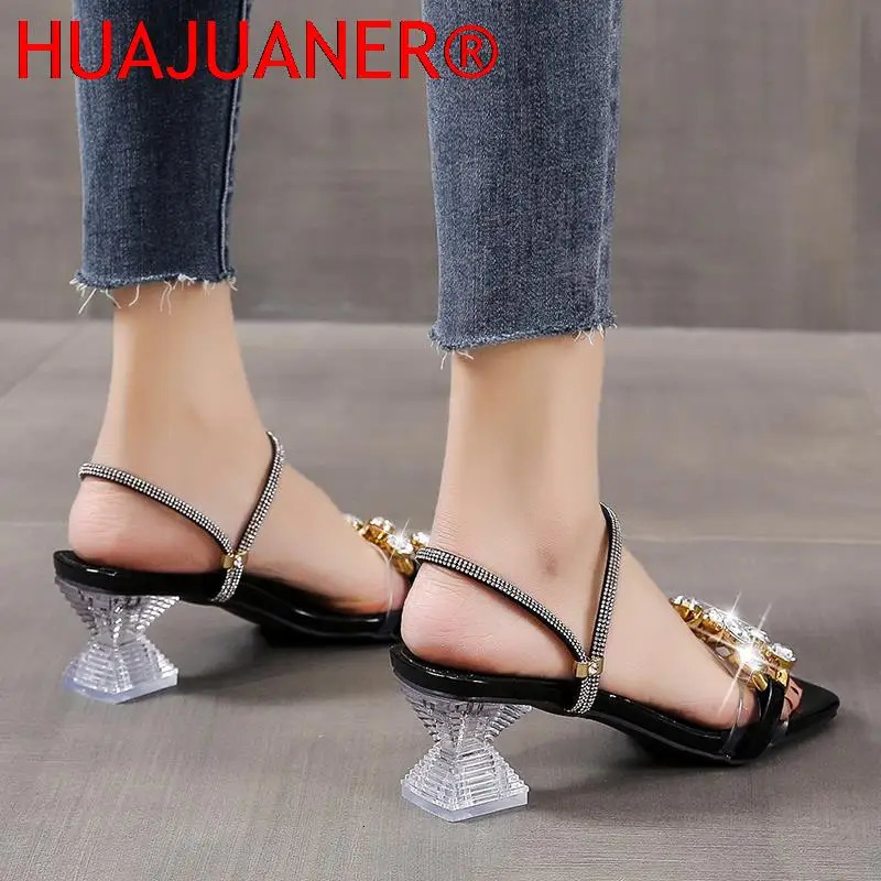 Sandals Fashion Diamond High Heels Sandals Women Summer Shoes Elegant Woman Party Shoes Clear Rhinestone Square Heel Slippers 6cm 231204