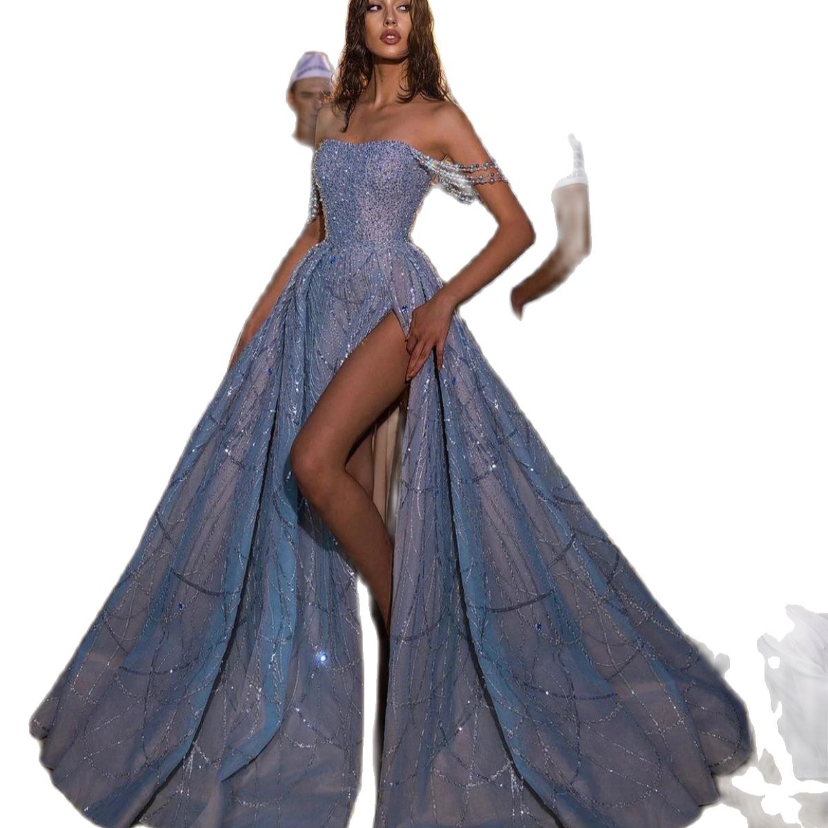 Modern Prom Dresses Pearls Beading Off Shoulder Pleats Backless Crystal Evening Gowns Formal Side Slit