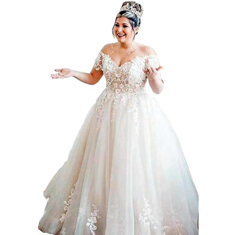 Short Sleeves A Line Wedding Dresses V-Neck Lace Appliques Floor Length Plus Size Wedding Gown For Bride 2024 Garden Bridal Wear