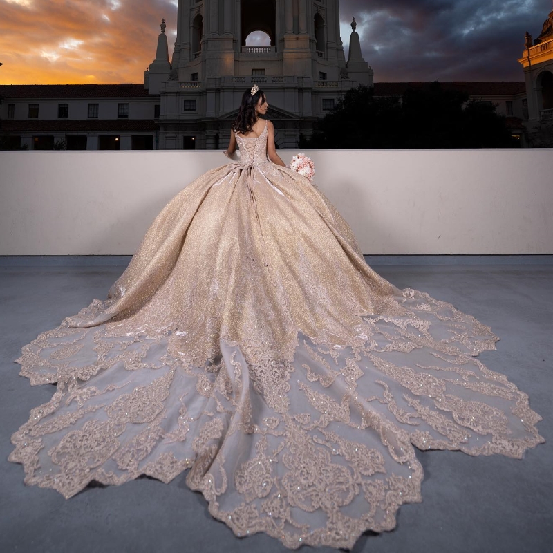 Gorgeous Champagne Shiny Quinceanera Dresses Applique Lace Beads Ball Gown Princess Birthday Party vestidos de 15