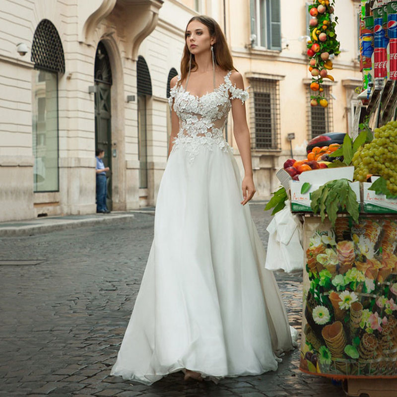 Mordern Off-Shoulder Wedding Dresses For Women 2023 Bride Hollow Covered Button Charming 3D-Floral Appliques Chiffon A-Line