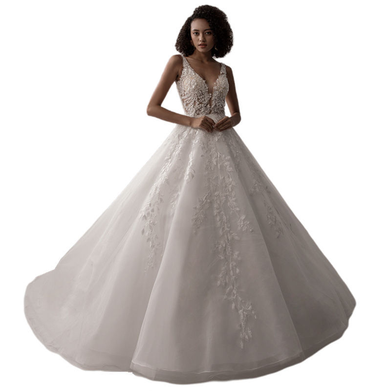 Romantic Ivory A Line Wedding Dresses Sleeveless V-Neck Backless Sexy Long Tulle Bridal Gowns Lace Appliqued Beaded Summer Boho Bride Dress 2024