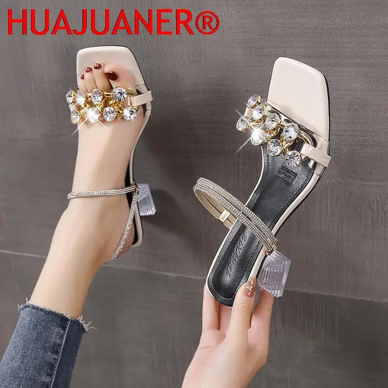Sandals Fashion Diamond High Heels Sandals Women Summer Shoes Elegant Woman Party Shoes Clear Rhinestone Square Heel Slippers 6cm 231204