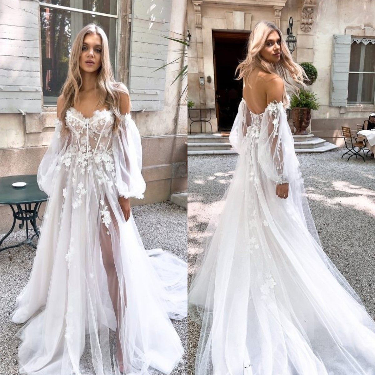 Boho A e Dresses Appliques Puffy Sleeve Tulle designer bridal gowns Sweep Train Wedding Dress