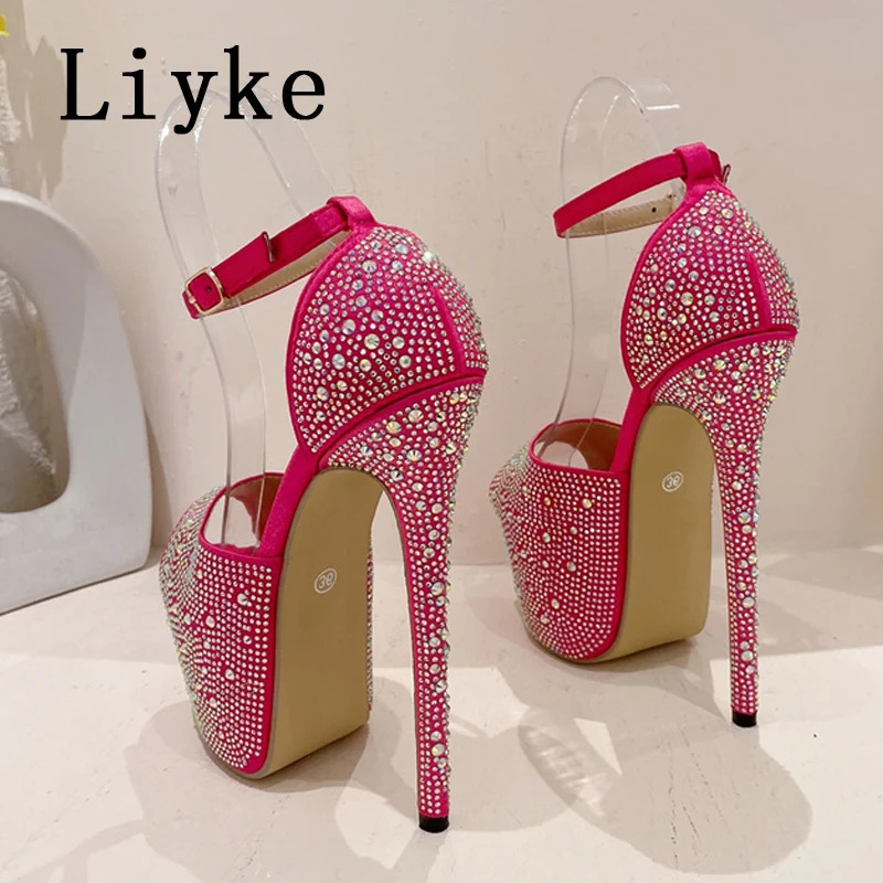 Sandals Liyke Elegant Women Party Wedding Prom Shoes Sexy Peep Toe Crystal Rhinestone Silk Extreme High Heels Platform Sandals Female 231204