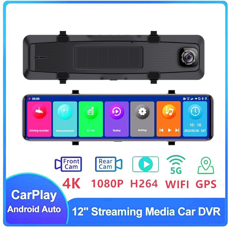 12 inch Car Dvr Dash Cam 4K 3840*2160P Car Mirror Video Recording Apple Carplay & Android Auto Wireless Connection 5G WiFi GPS Navigation FM AUX