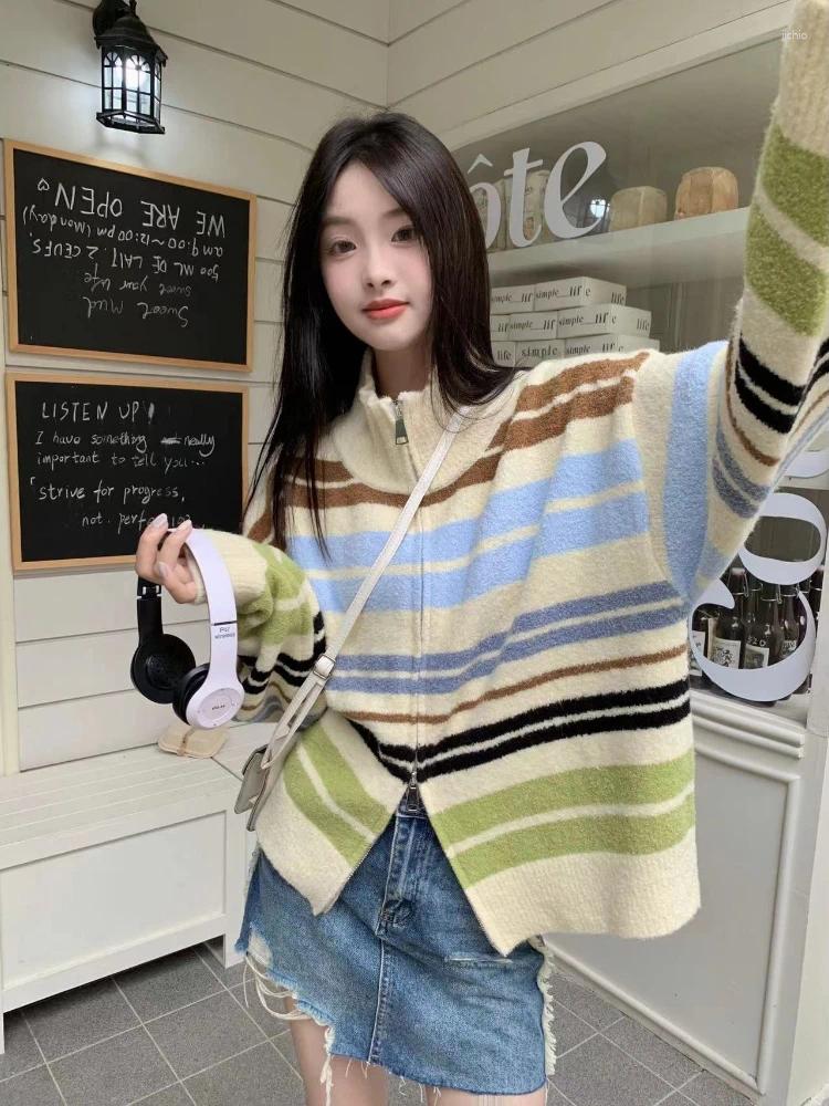 Womens Knits Dopamine Y2k Cardigan Striped Contrast Color Zipper Stand Neck Design Women Clothing Autumn Harajuku Casual Loose Sweaters