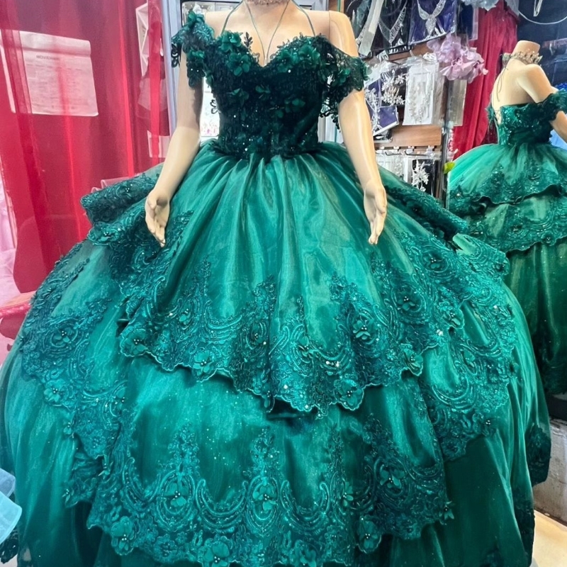 Green Shiny Quinceanera Dresses Strapless Tulle Appliques Lace Beads Formal Cinderella Birthday Sweet 16 Party Ball Gown vestidos de 15