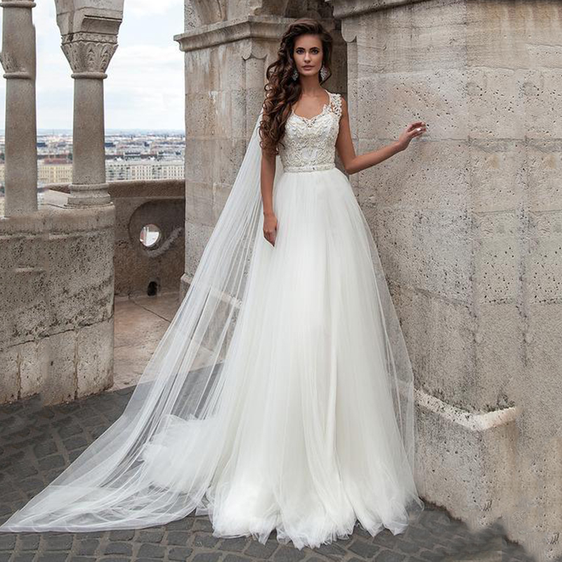 Jewel Classic Tulle Wedding Dresses 2023 Bride Backless Sweep Train A-Line Lace Bow Applique Fairytale Sleeveless