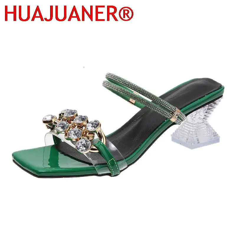 Sandals Fashion Diamond High Heels Sandals Women Summer Shoes Elegant Woman Party Shoes Clear Rhinestone Square Heel Slippers 6cm 231204