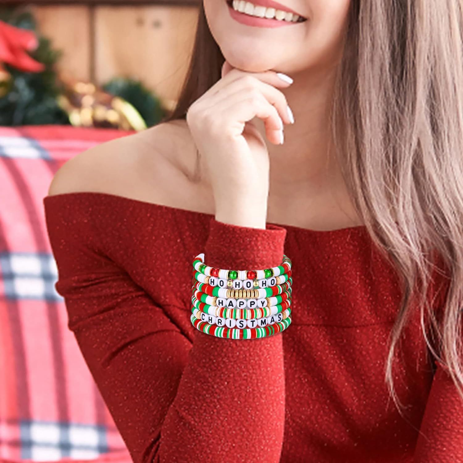 7pcs Christmas Beaded Bracelets Set Holiday Heishi Stretch Strands Red Green Polymer Clay Letter Stackable Friendship Charms Summer Surfer Beach Jewel