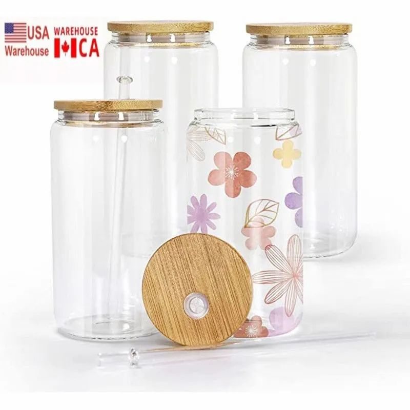 USA CA Local Warehouse Fast Shipping 16oz Sublimation Glass Cup Blank With Bamboo Lid Frosted Beer Jar Glass Tumbler Mason Jar Plastic Straw