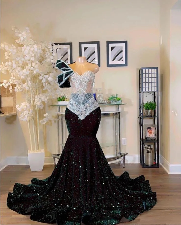 Sparkly Emerald Green Sequins Prom Dresses 2024 For African Women Sheer Neck One Shoulder Dia Black Girl Birthday Gowns 322 0219