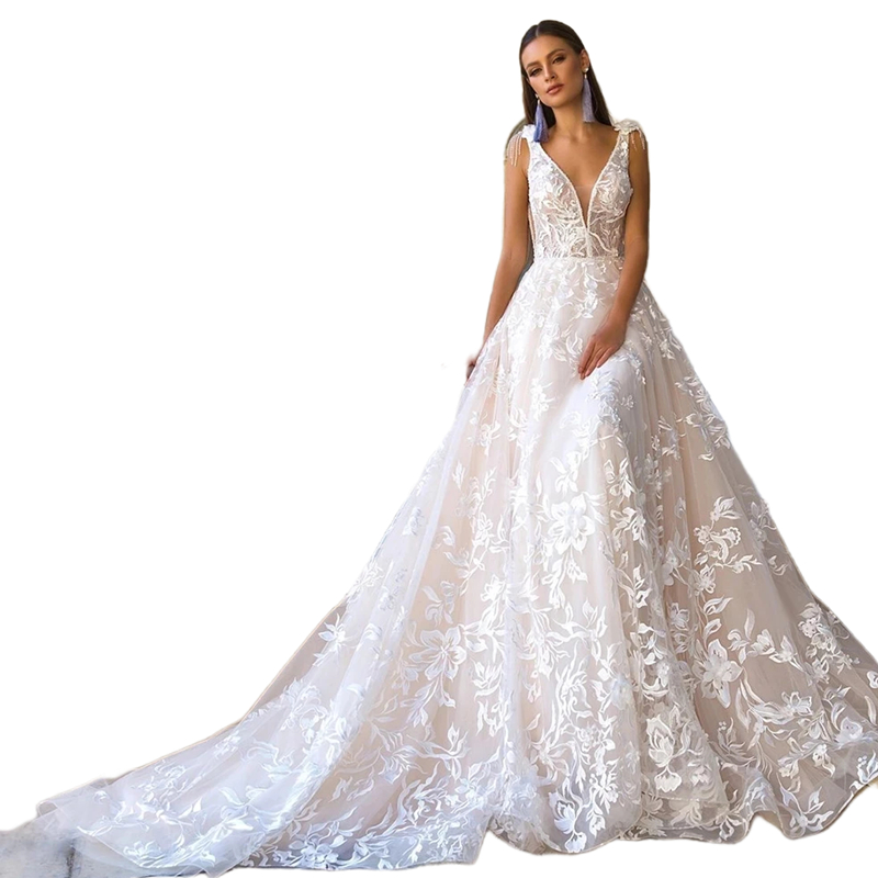 Bohemian Lace A Line Wedding Dresses Sexy Backless Deep V-Neck Long Bridal Gowns 2024 Summer Romantic Boho Beach Bride Dress Custom Made