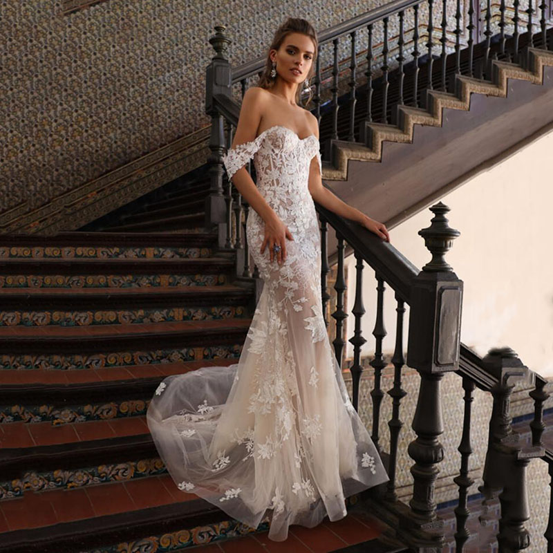 Off-Shoulder Mermaid Wedding Dresses For Bride Exquisite Strapless Backless Trendy Applique Illusiom Made To Order