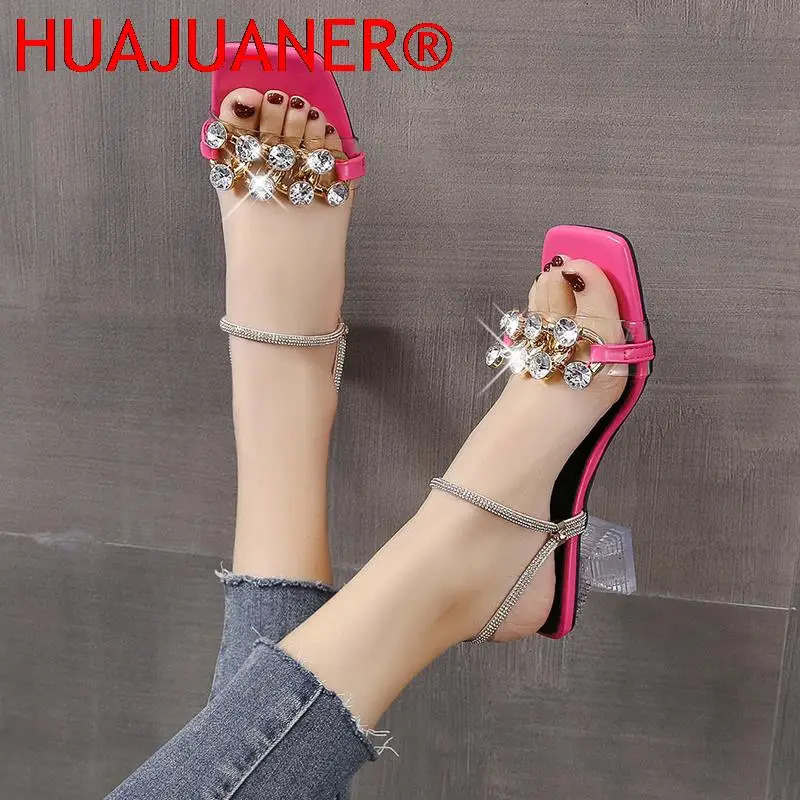 Sandals Fashion Diamond High Heels Sandals Women Summer Shoes Elegant Woman Party Shoes Clear Rhinestone Square Heel Slippers 6cm 231204