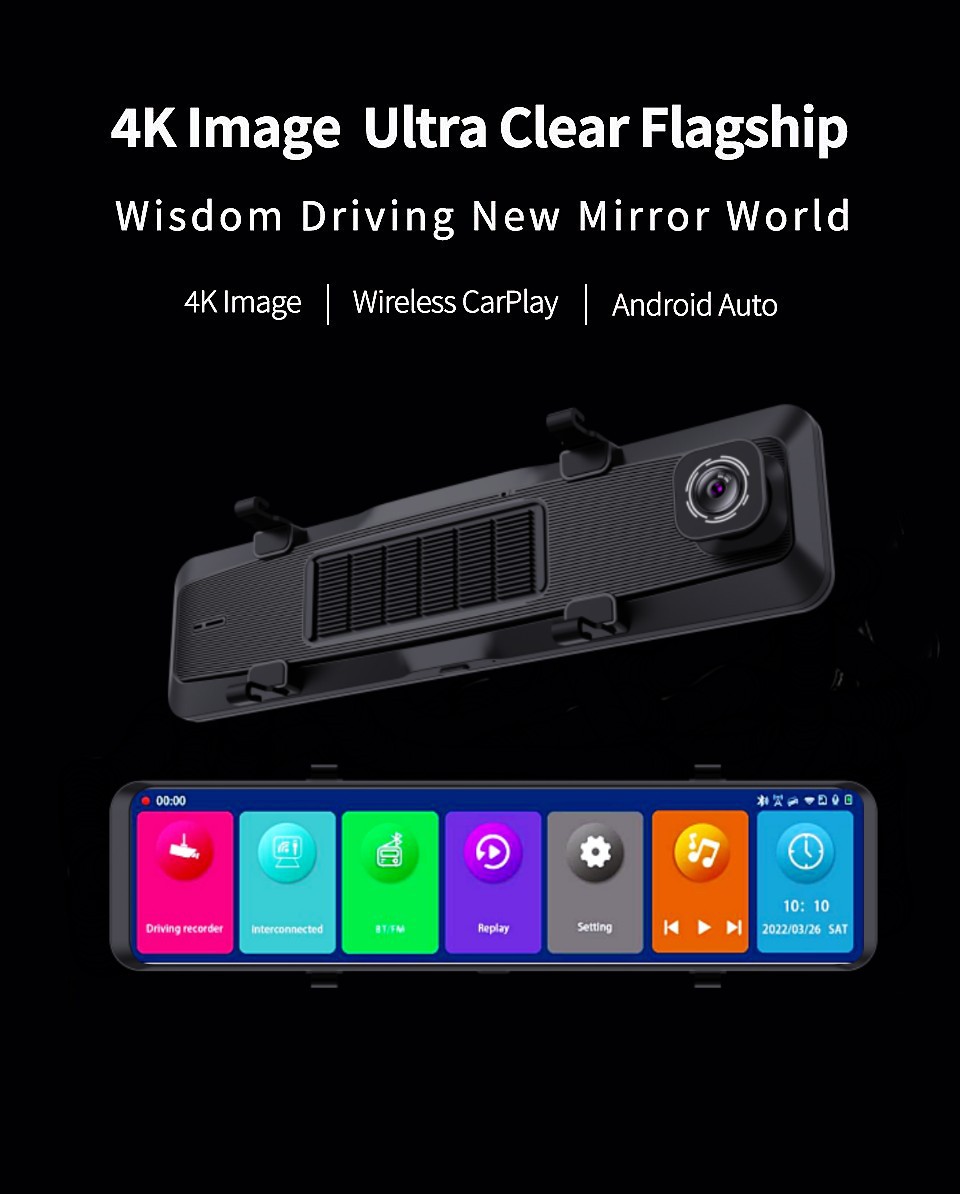 12 inch Car Dvr Dash Cam 4K 3840*2160P Car Mirror Video Recording Apple Carplay & Android Auto Wireless Connection 5G WiFi GPS Navigation FM AUX
