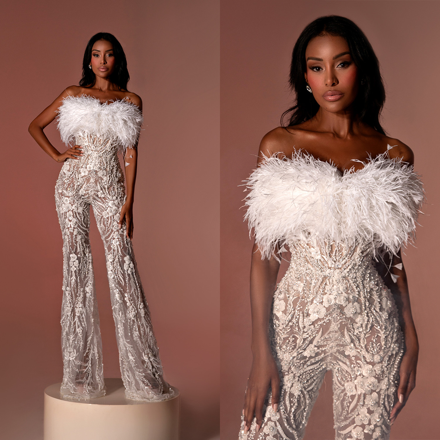 Fashion Feather Jumpsuit or Length Strapless Appliqued Custom Made Pants Suit Sequined Lace Wedding Dress