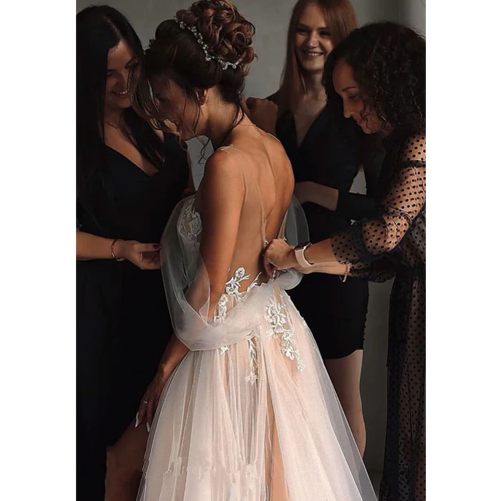 Floral Arabic Off The Shoulder Wedding Dresses A-Line Illusion Lace Appliques Bridal Gowns Formal Women Brides Vestidos de Novia YD