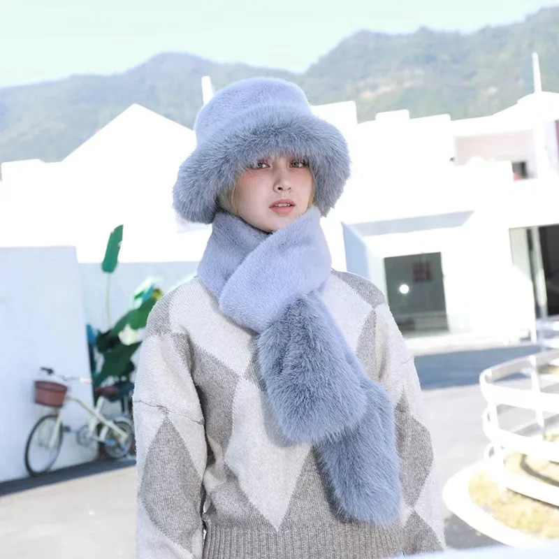 Wide Brim Hats Bucket Winter Cow Faux Fur Fluffy Hat for Women Plush and Scarf Set Wind Shield Ear Cap Fisherman Girl 231204