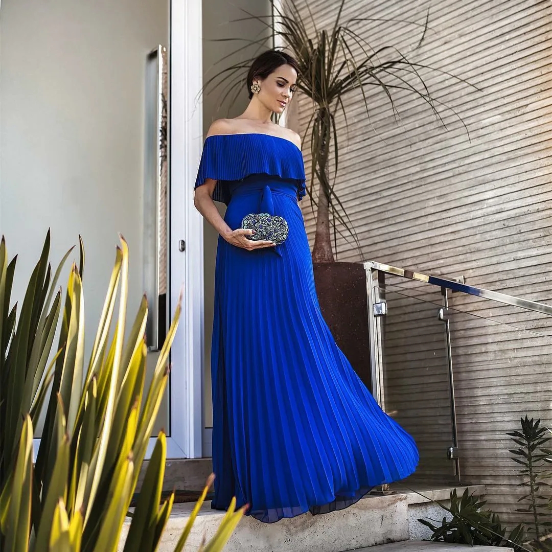 New Royal Blue Women Evening Dess A-line Off Shoulder Long Ruffled Chiffon Prom Party Gowns Vestidos Longo Robe De Soiree