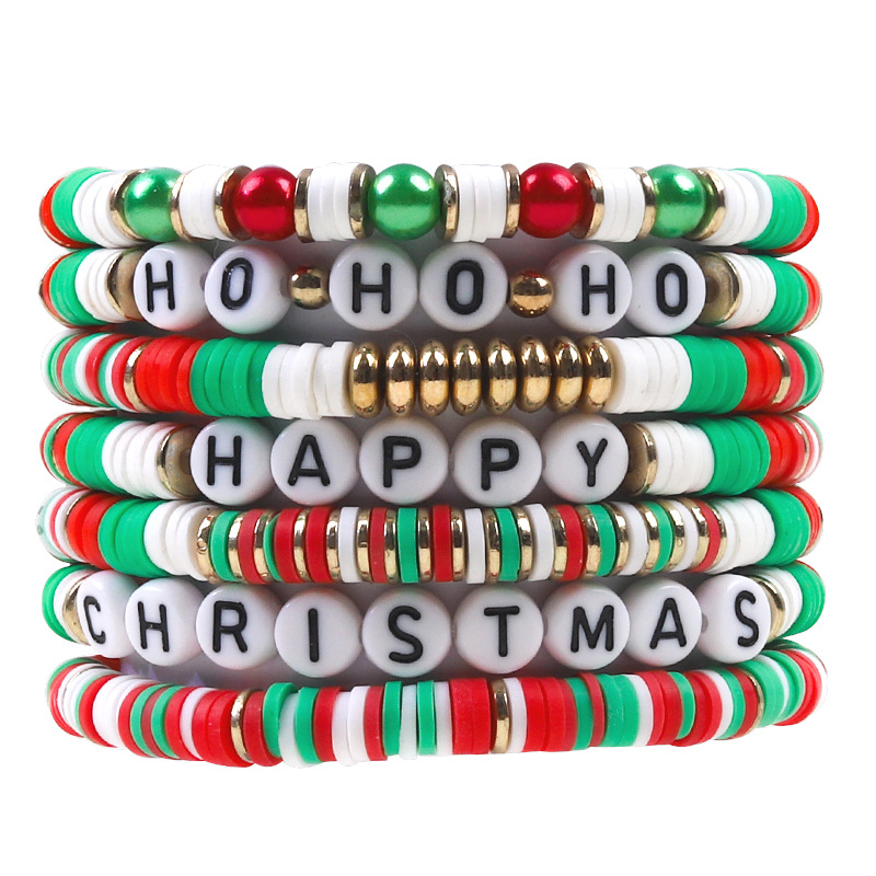7pcs Christmas Beaded Bracelets Set Holiday Heishi Stretch Strands Red Green Polymer Clay Letter Stackable Friendship Charms Summer Surfer Beach Jewel