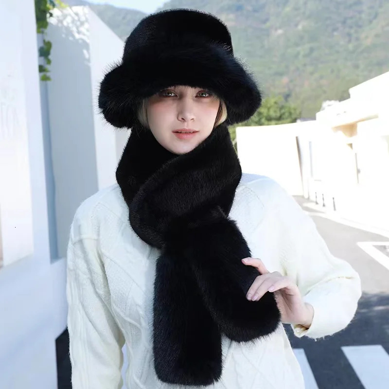 Wide Brim Hats Bucket Winter Cow Faux Fur Fluffy Hat for Women Plush and Scarf Set Wind Shield Ear Cap Fisherman Girl 231204